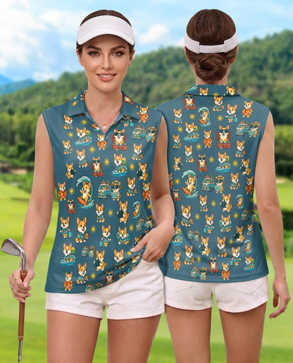 Cute Corgi Vacation Print Sleeveless Polo Shirt for Women | Azhawaiian
