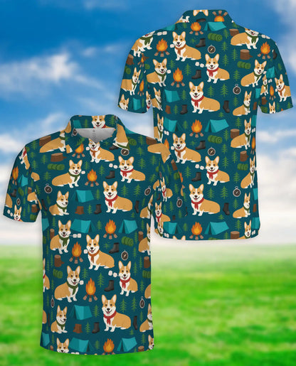 Corgi Camping Polo Shirt, Outdoor Adventure Print | Azhawaiian