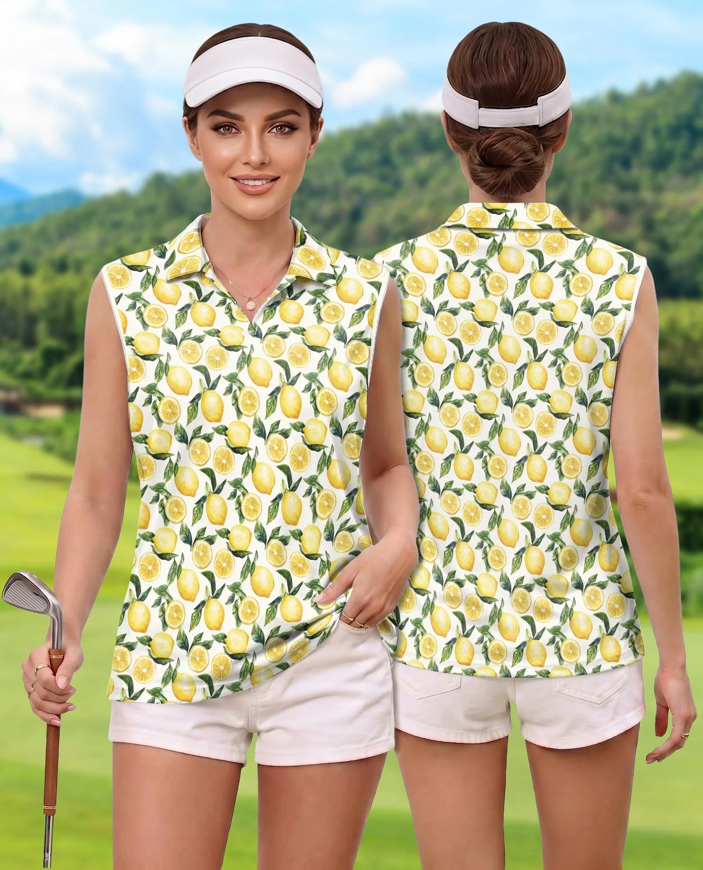 Lemon Pattern Sleeveless Polo Shirt for Women | Azhawaiian