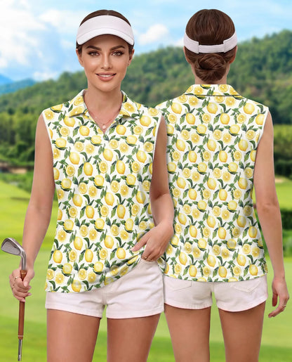 Lemon Pattern Sleeveless Polo Shirt for Women | Azhawaiian