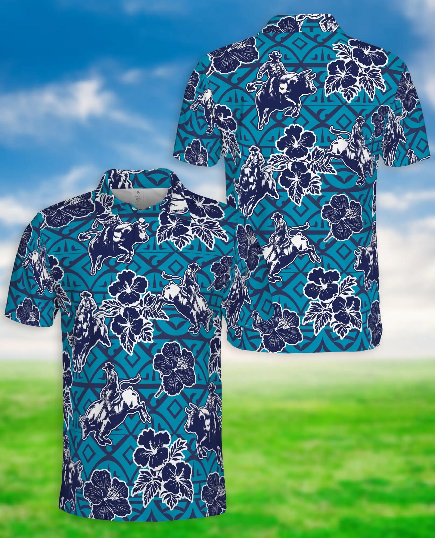 Cowboy Rodeo Polo Shirt, Blue Western Floral Print | Azhawaiian
