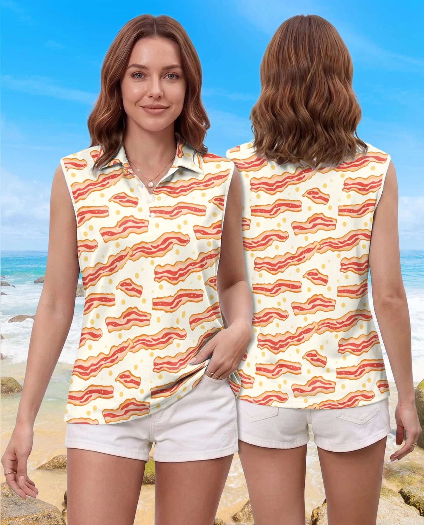 Bacon Eggs Pattern Sleeveless Polo Shirt for Women | Azhawaiian