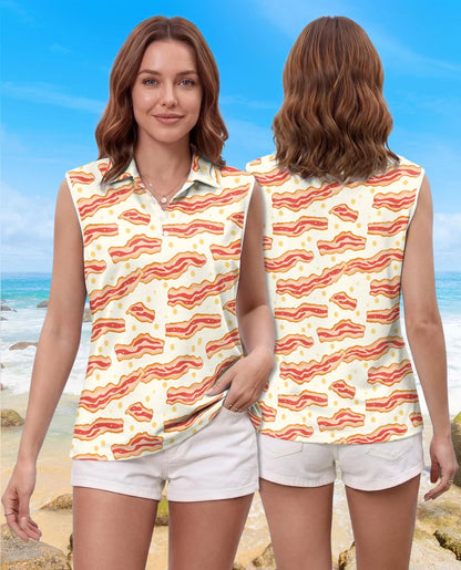 Bacon Eggs Pattern Sleeveless Polo Shirt for Women | Azhawaiian
