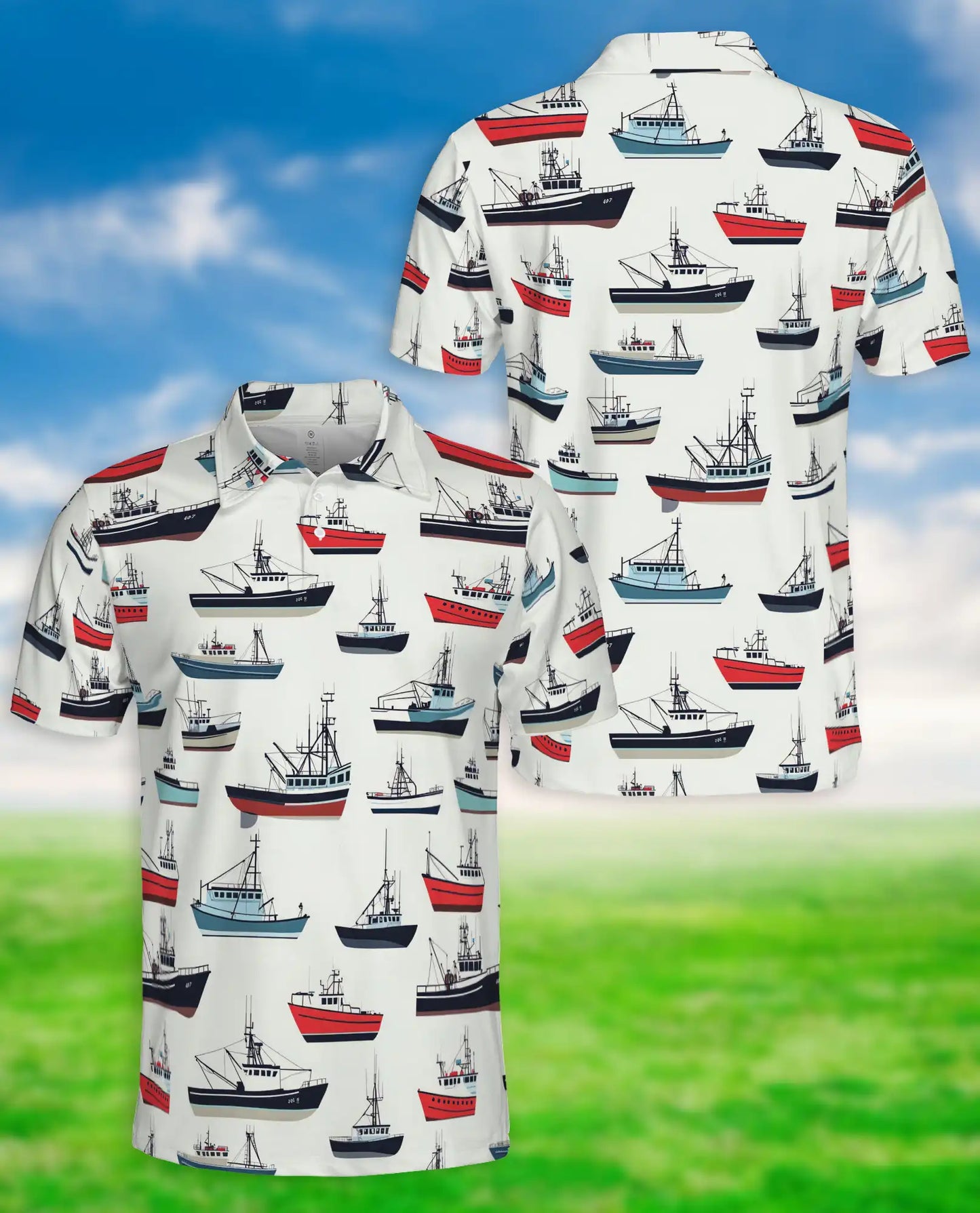 Fishing Boat Nautical 3D Polo Shirt for Men, Coastal Ocean Marine Style | Azhawaiian