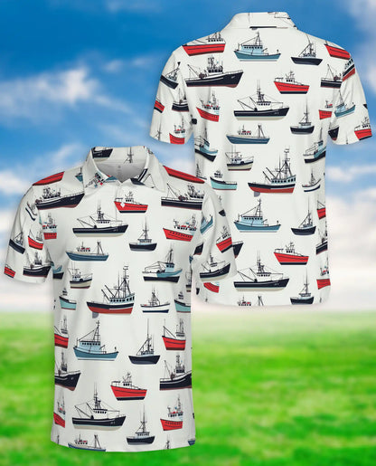 Fishing Boat Nautical 3D Polo Shirt for Men, Coastal Ocean Marine Style | Azhawaiian
