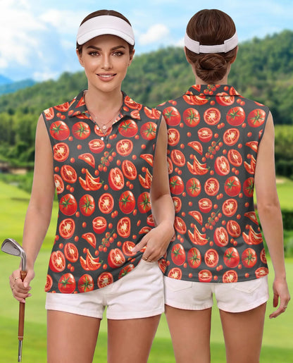 Tomato Print Sleeveless Polo Shirt for Women | Azhawaiian