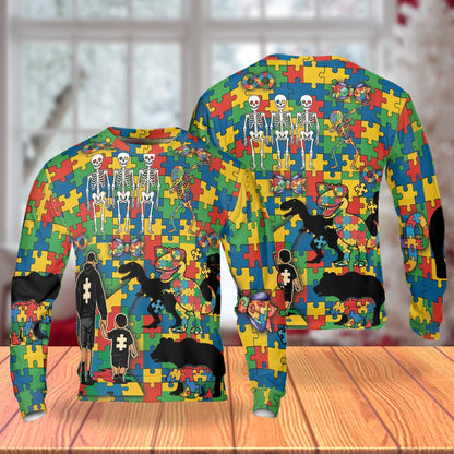 Dad and Son Dinosaur Skeleton Puzzle Pieces Sweatshirt – Colorful Graphic 3D All Over Print Design