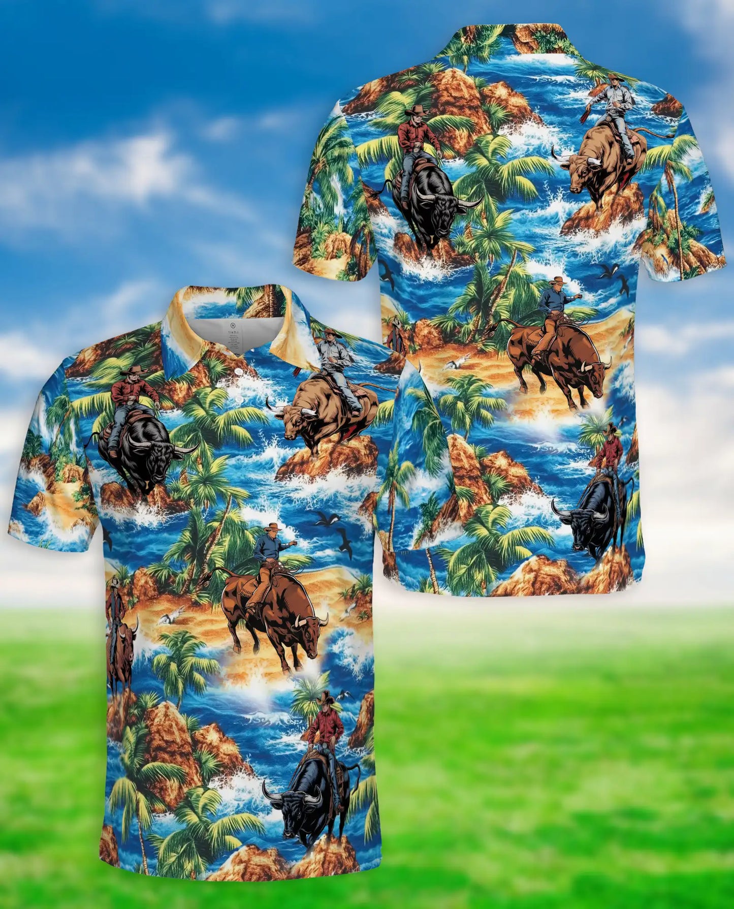 Cowboy Bull Riding 3D Polo Shirt for Men, Tropical Western Rodeo Style | Azhawaiian