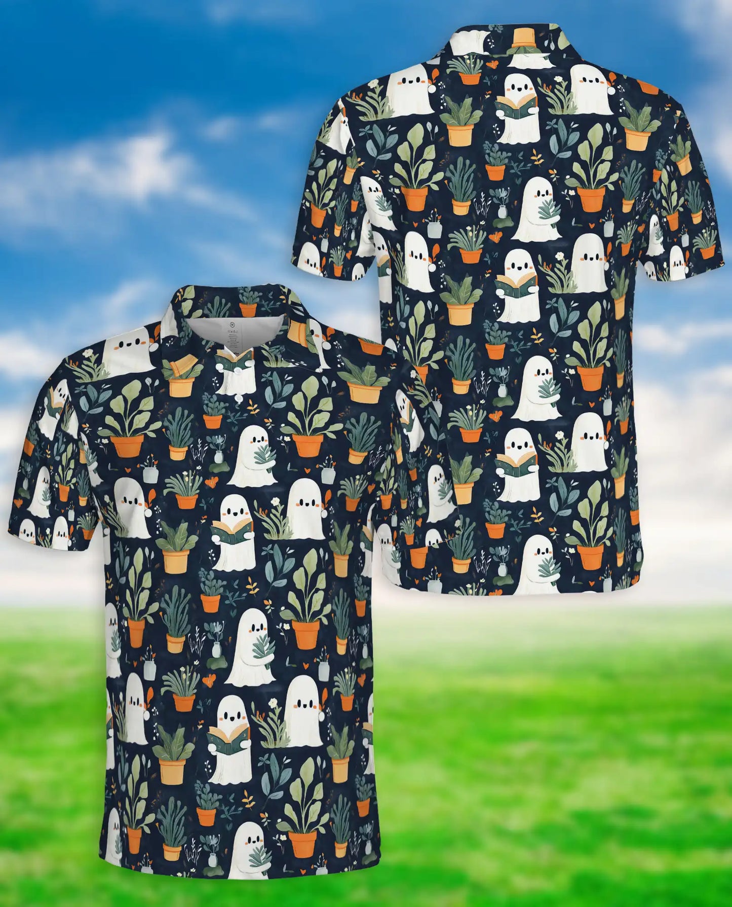 Cute Ghost Plant 3D Polo Shirt for Men, Funny Spooky Botanical Style | Azhawaiian