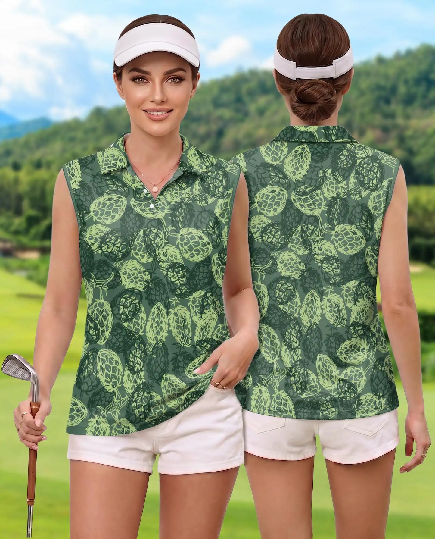 Hops Pattern Sleeveless Polo Shirt for Women, Botanical Craft Style | Azhawaiian
