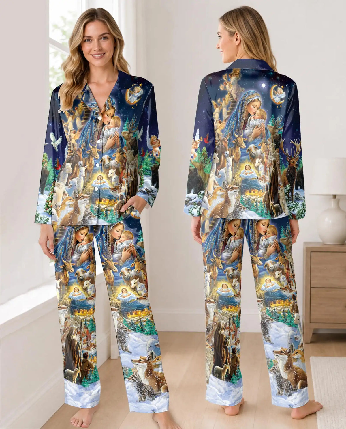 Woodland Nativity Christmas Pajama Set for Women – Virgin Mary & Baby Jesus Print