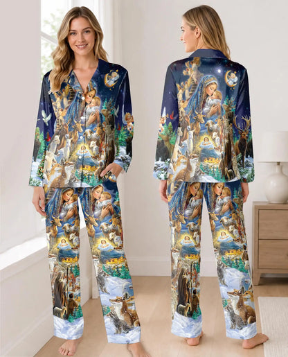Woodland Nativity Christmas Pajama Set for Women – Virgin Mary & Baby Jesus Print