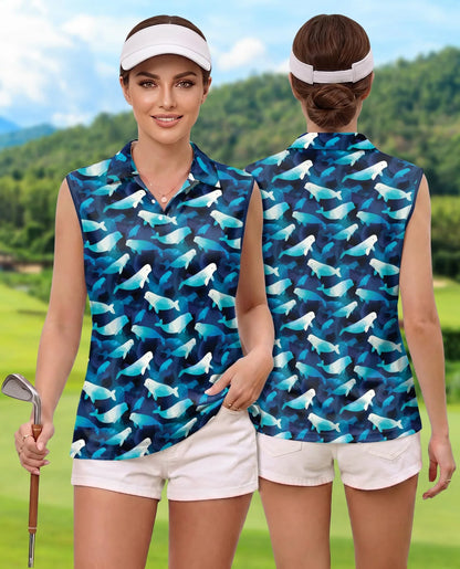 Beluga Whales Sleeveless Polo Shirt for Women, Ocean Animal Style