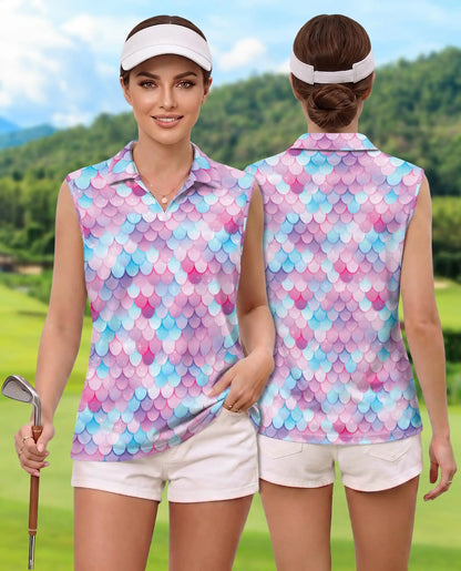 Mermaid Scales Pattern Sleeveless Polo Shirt for Women | Azhawaiian