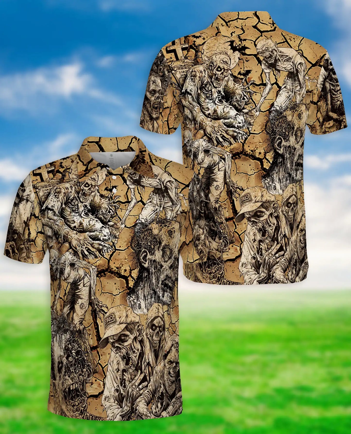 Zombie Apocalypse Polo Shirt for Men, Creepy Horror Skeletons | Azhawaiian