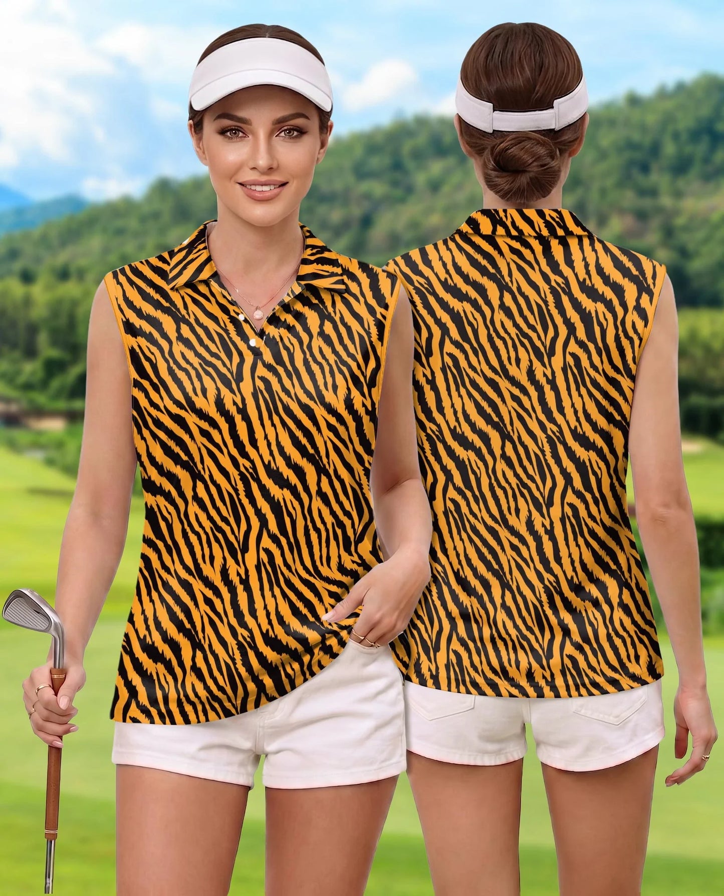 Tiger Print Sleeveless Polo Shirt for Women | Azhawaiian