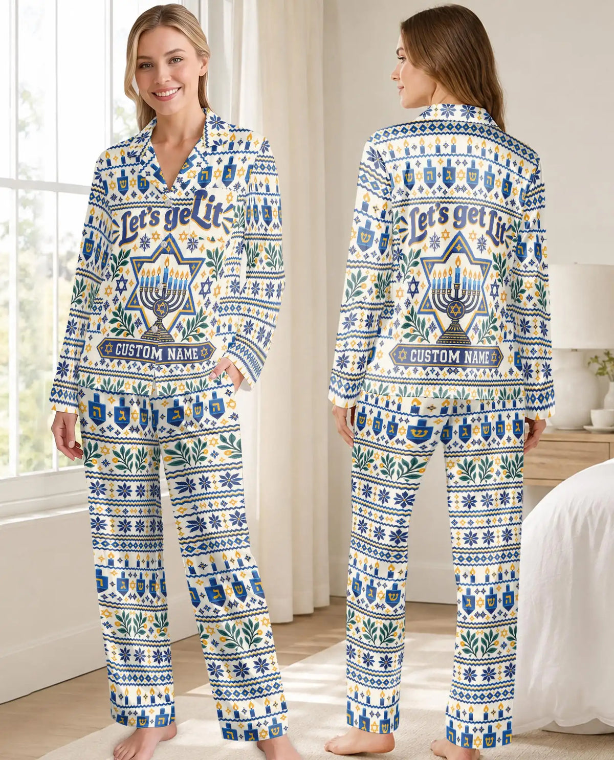 Personalized Let's Get Lit Hanukkah Pajama Set for Women – Custom Name Menorah Print
