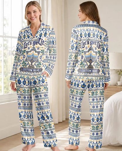 Personalized Let's Get Lit Hanukkah Pajama Set for Women – Custom Name Menorah Print