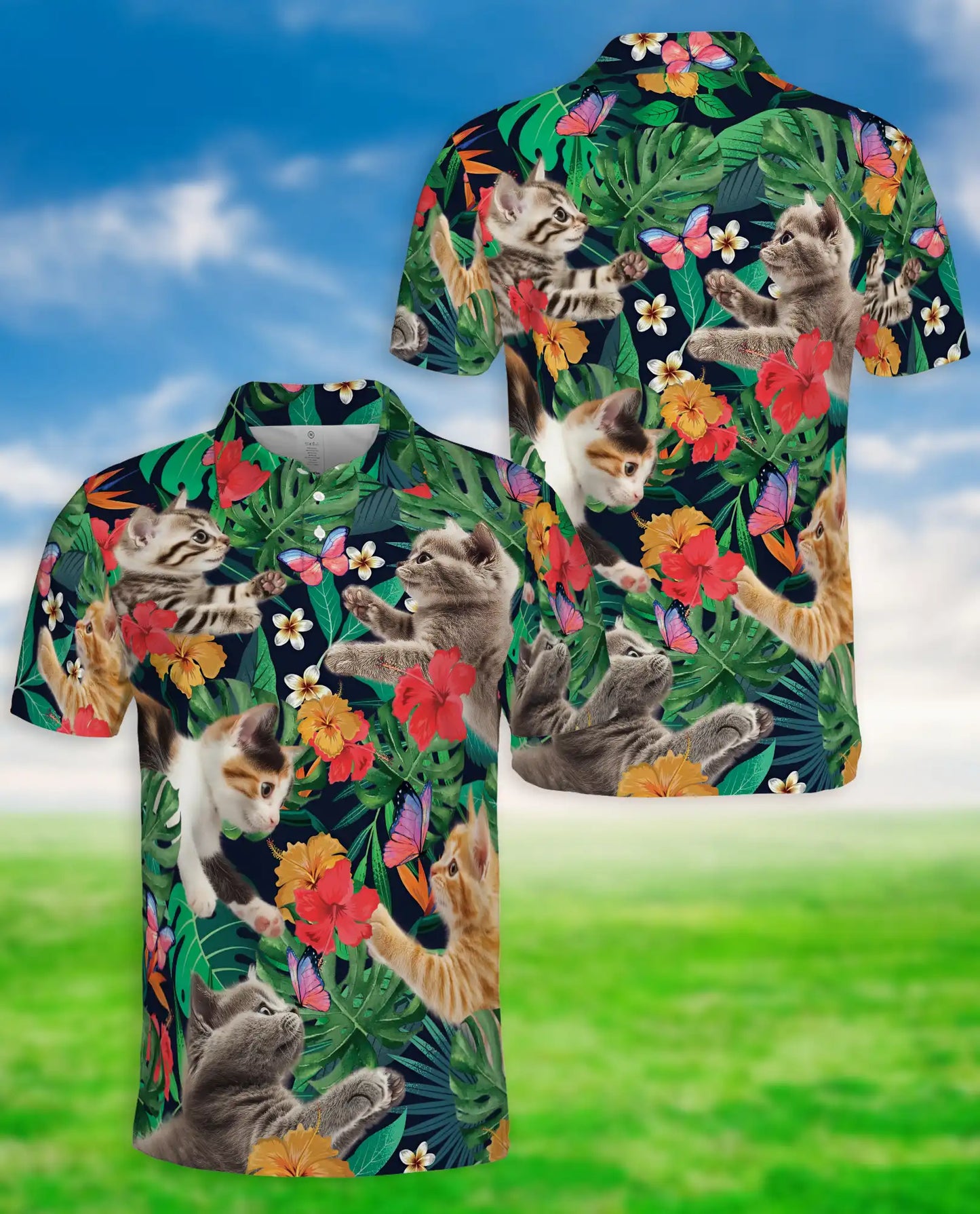 Kitten Hawaiian Polo Shirt for Men, Tropical Ocean Style | Azhawaiian