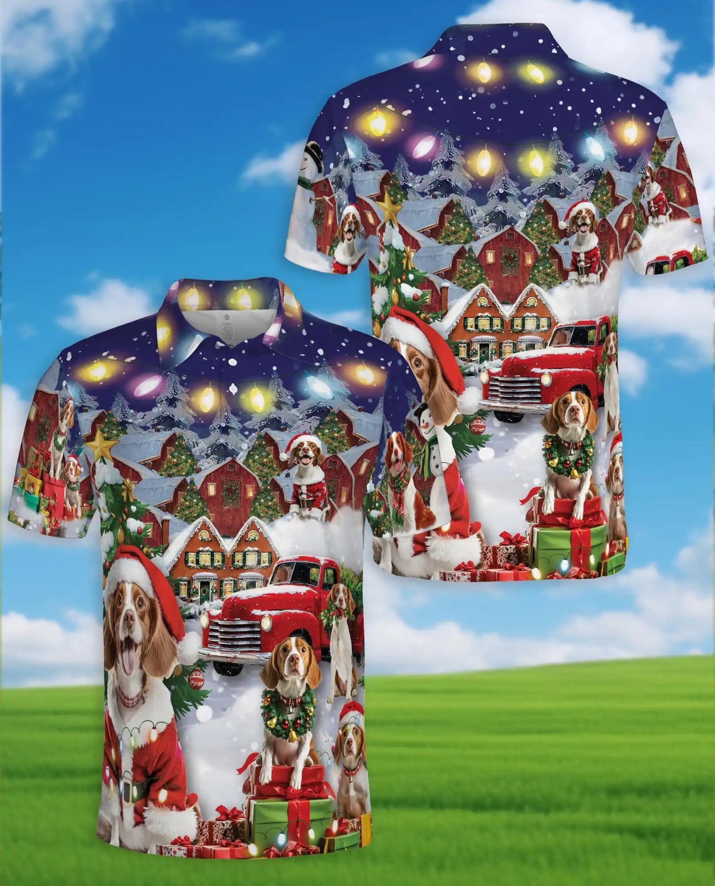 Cavalier King Charles Spaniel Christmas Polo Shirt, Holiday Village Print | Azhawaiian