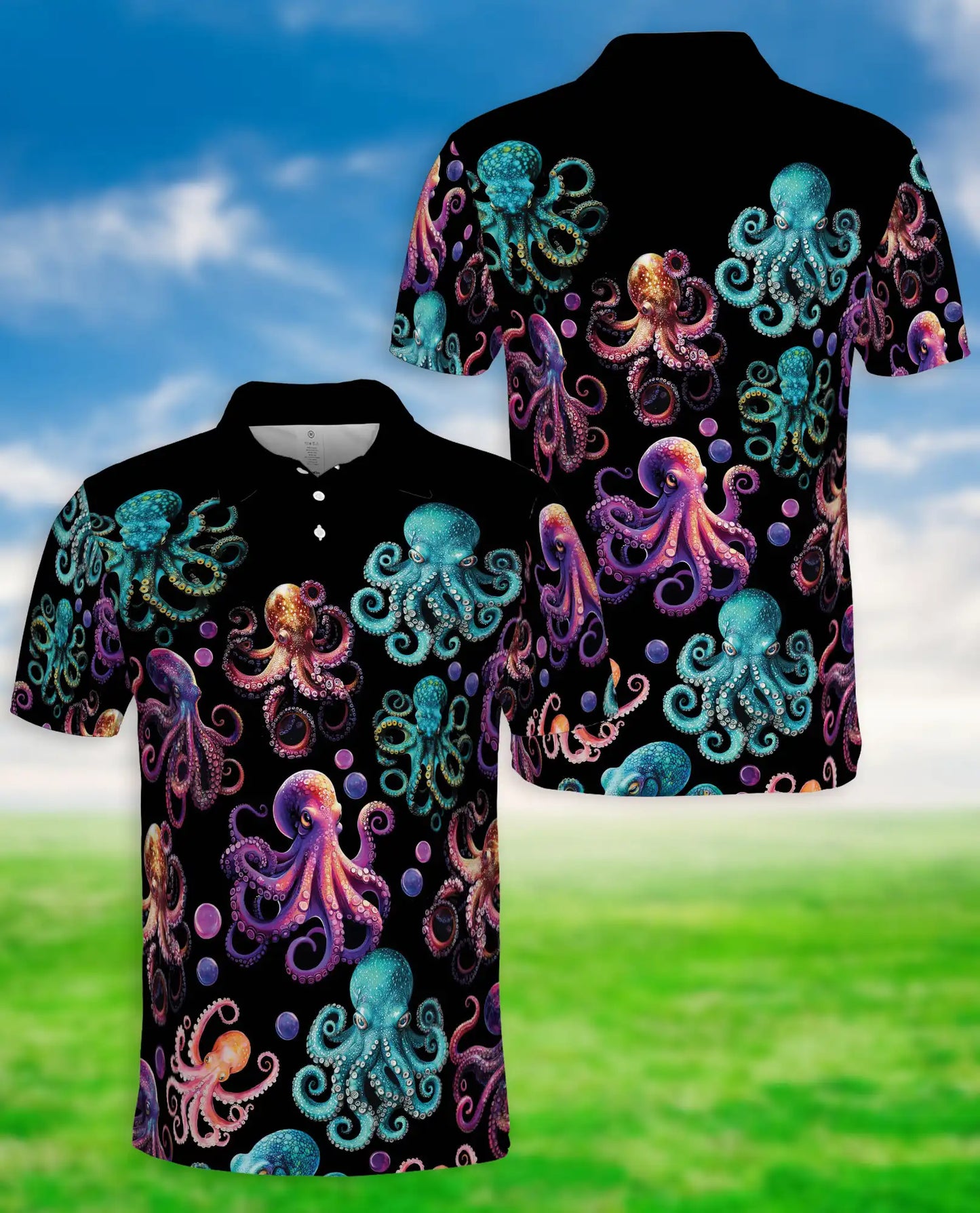 Colorful Octopus Ocean 3D Polo Shirt for Men, Neon Sea Creature Style | Azhawaiian