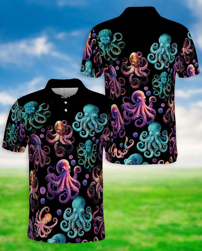Colorful Octopus Ocean 3D Polo Shirt for Men, Neon Sea Creature Style | Azhawaiian