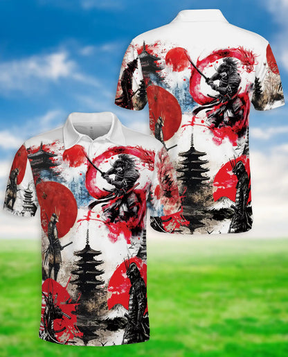 Japanese Samurai Dragon 3D Polo Shirt for Men, Warrior Mythology Art Style | Azhawaiian
