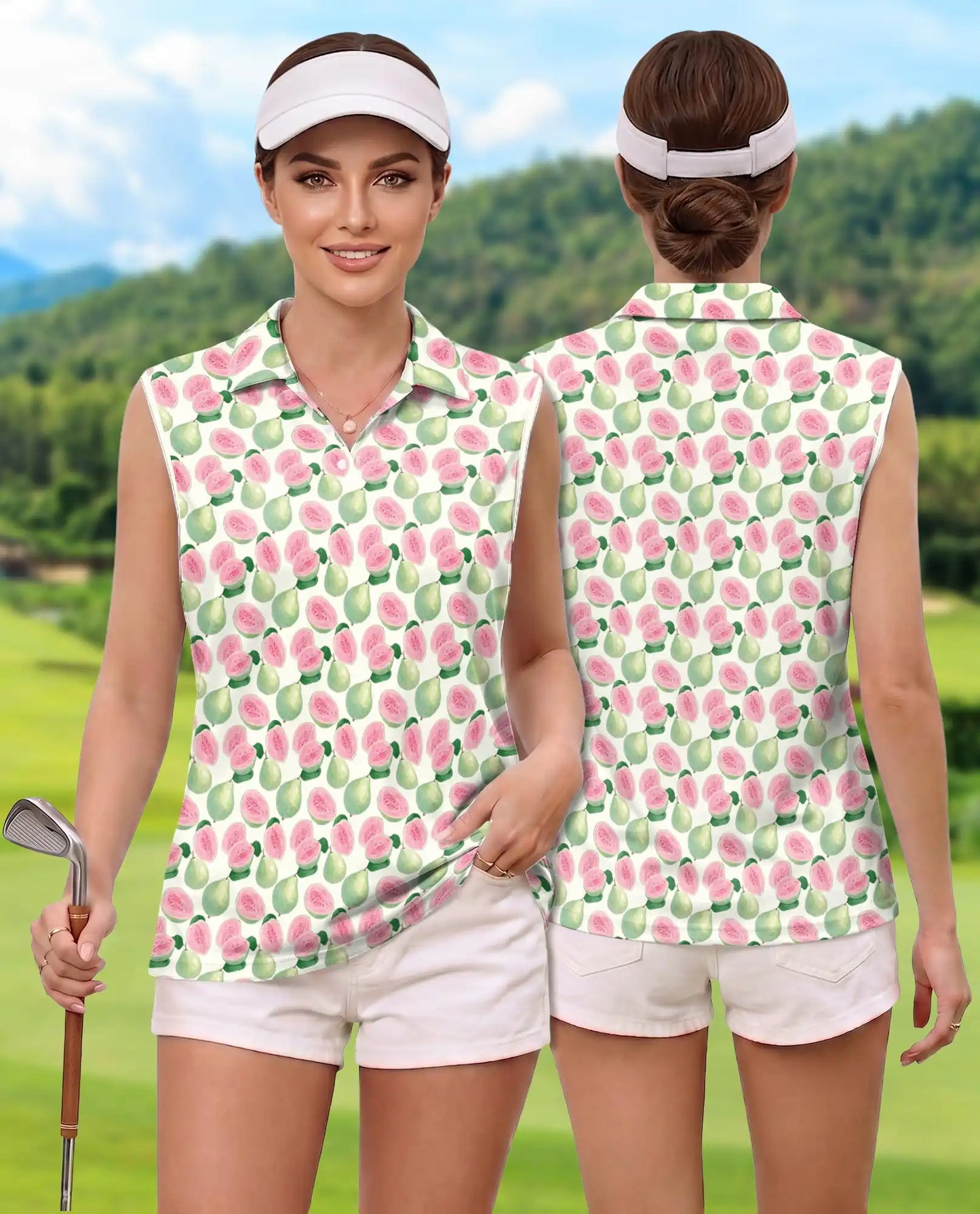Guava Pattern Sleeveless Polo Shirt for Women | Azhawaiian