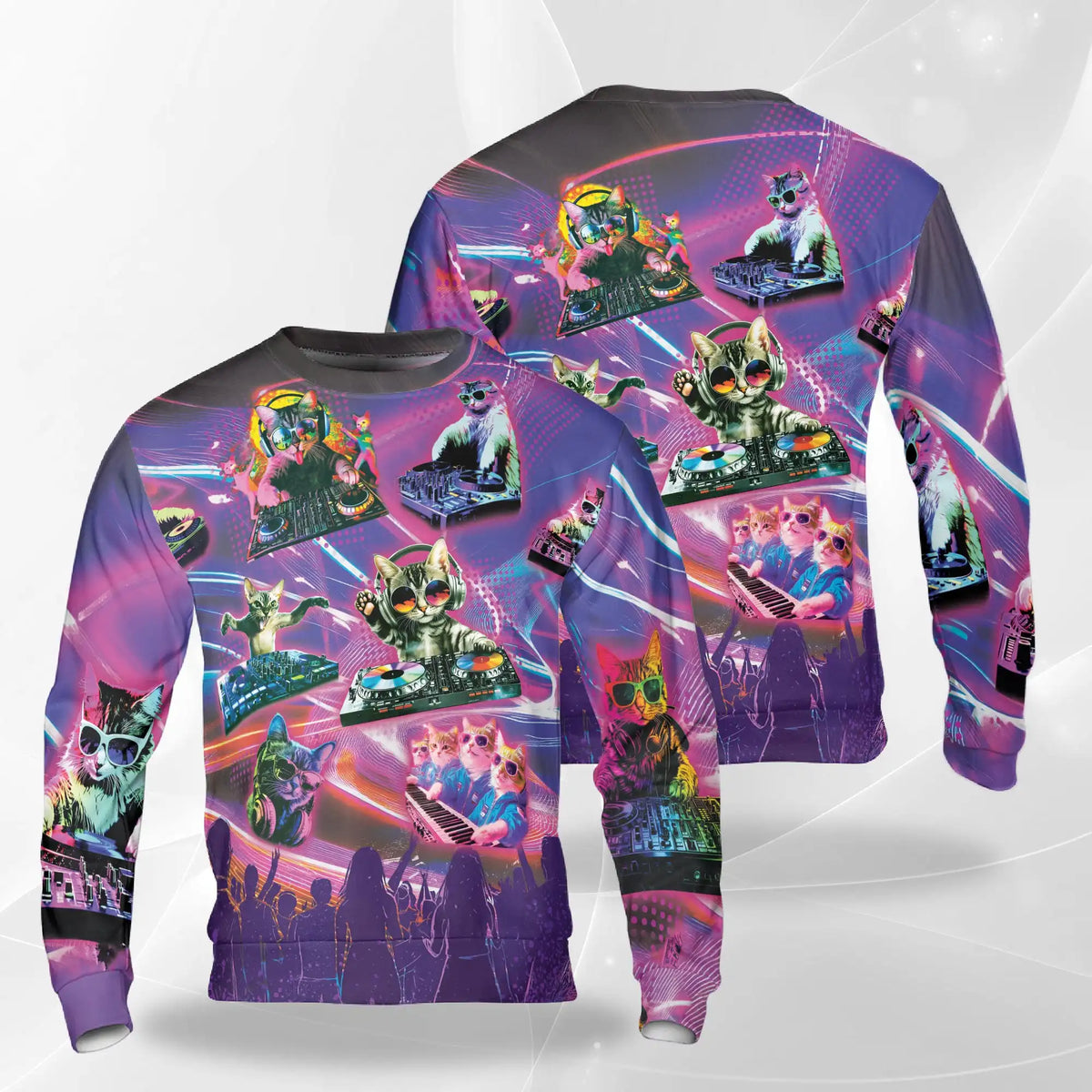 Cat Playing DJ Sweatshirt – Colorful Neon Cat Graphic 3D All Over Print Design