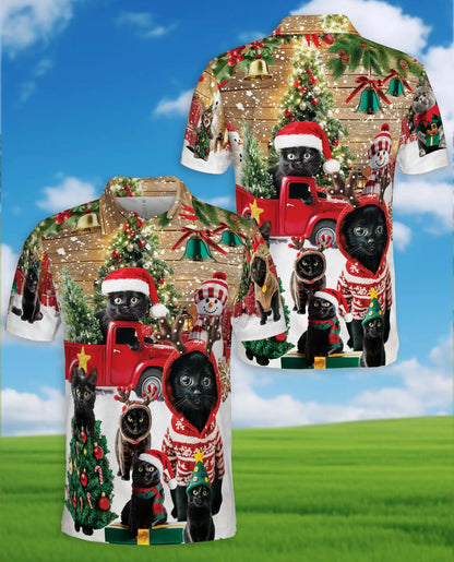Black Cat Christmas Polo Shirt - Cozy Holiday Winter Style | Azhawaiian