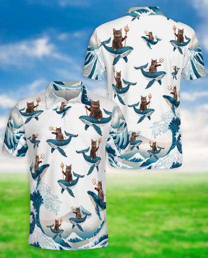 Funny Cat Riding Whale 3D Polo Shirt for Men, Ocean Fantasy Animal Style | Azhawaiian