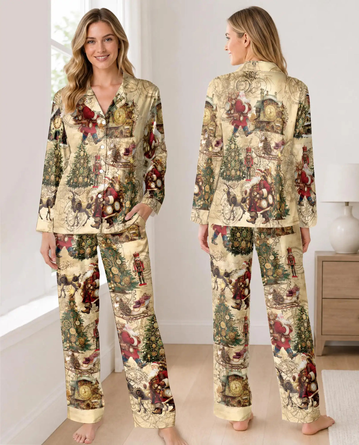 Steampunk Santa Christmas Pajama Set for Women – Vintage Clockwork Print