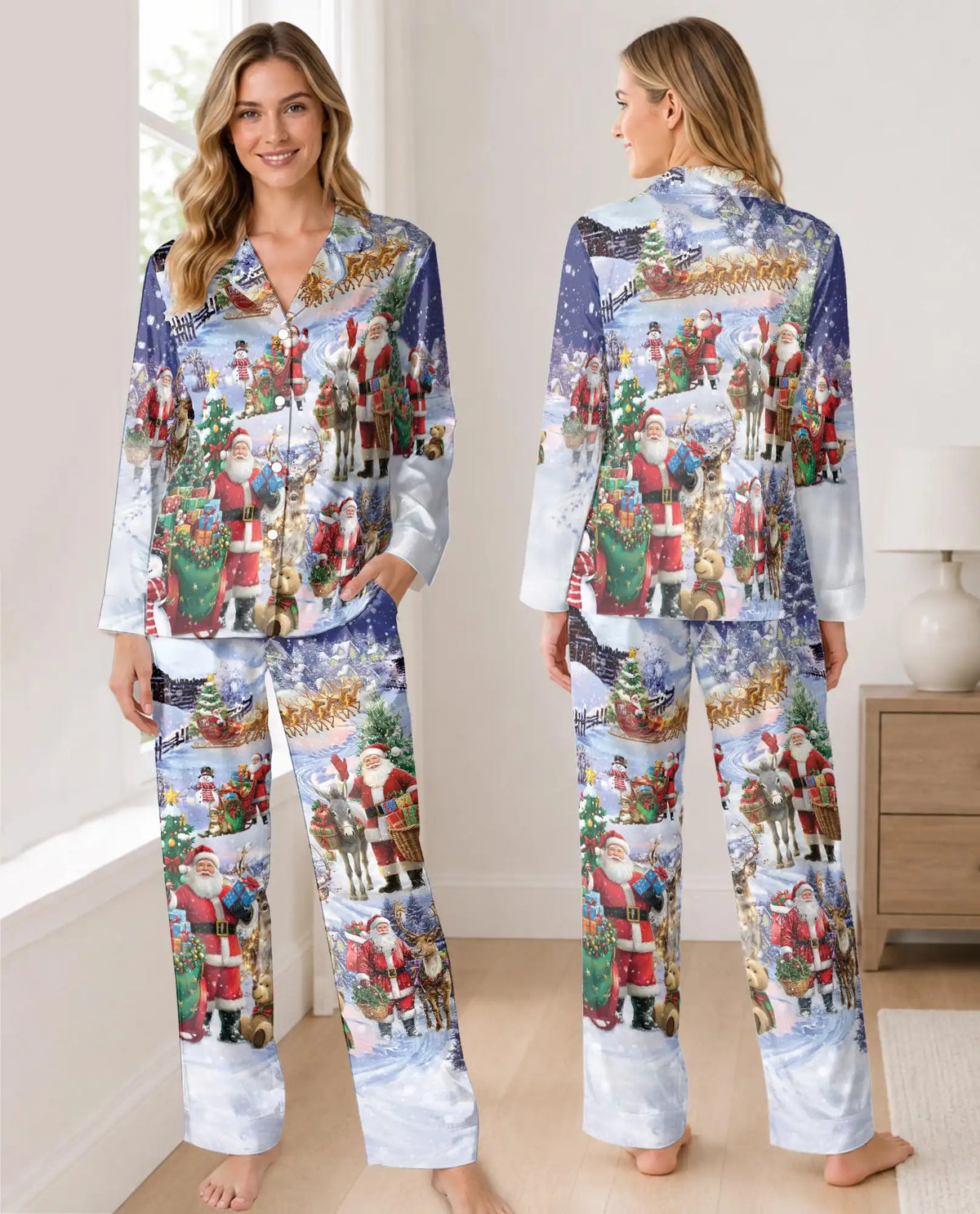 Santa and Reindeer Christmas Pajama Set for Women – Snowy Holiday Print