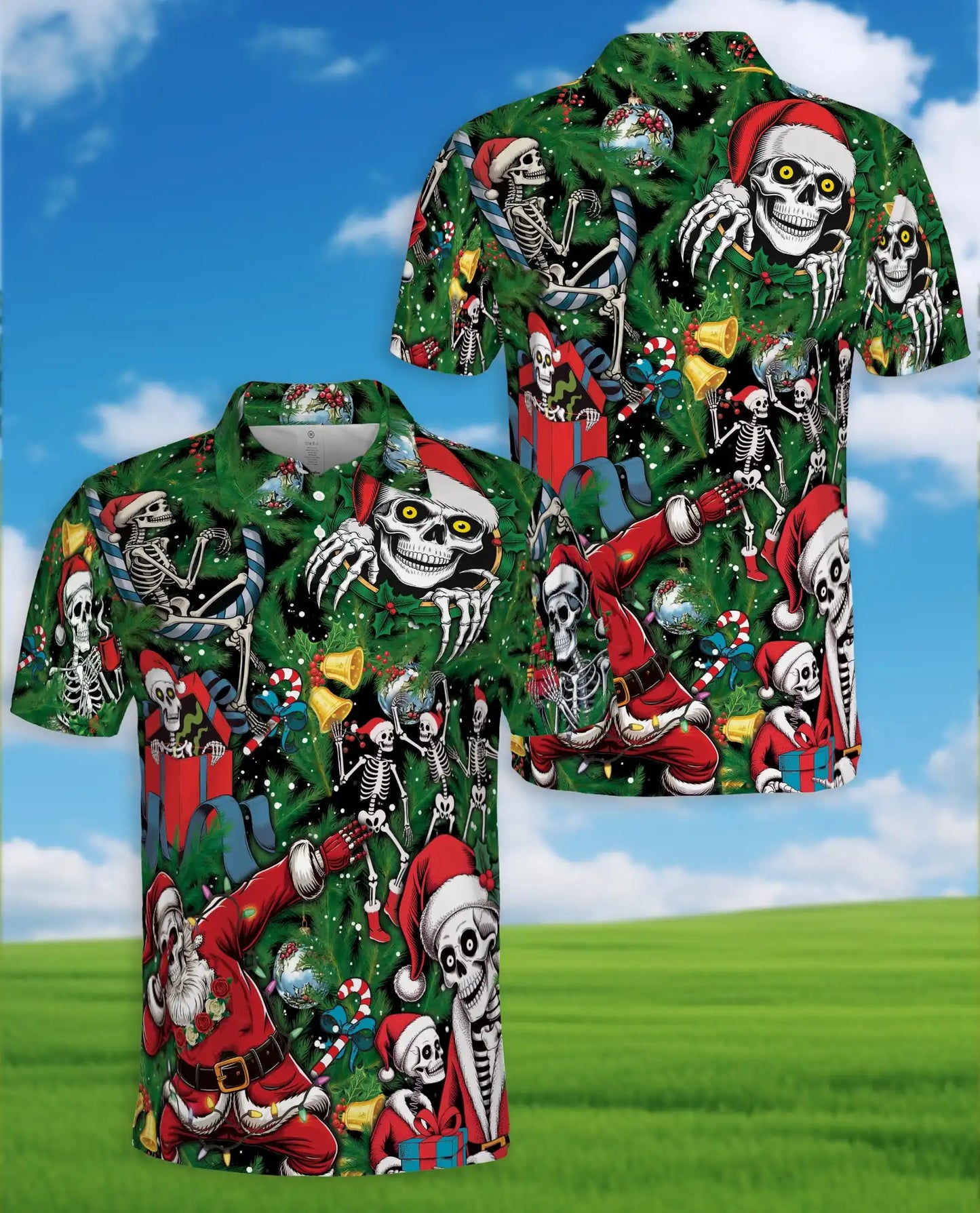 Skeleton Christmas Polo Shirt, Funny Holiday Skull Print | Azhawaiian