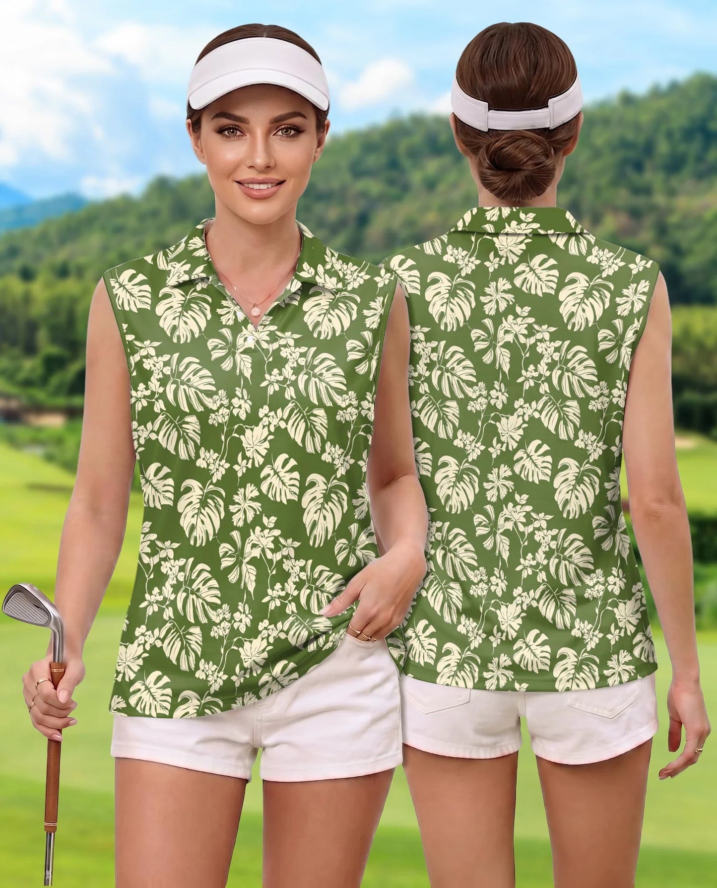 Green Monstera Leaf Sleeveless Polo Shirt for Women, Tropical Botanical Style | Azhawaiian