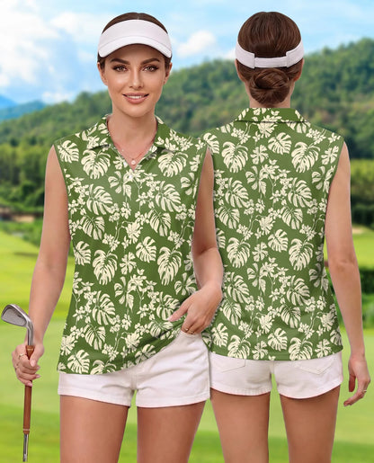 Green Monstera Leaf Sleeveless Polo Shirt for Women, Tropical Botanical Style | Azhawaiian