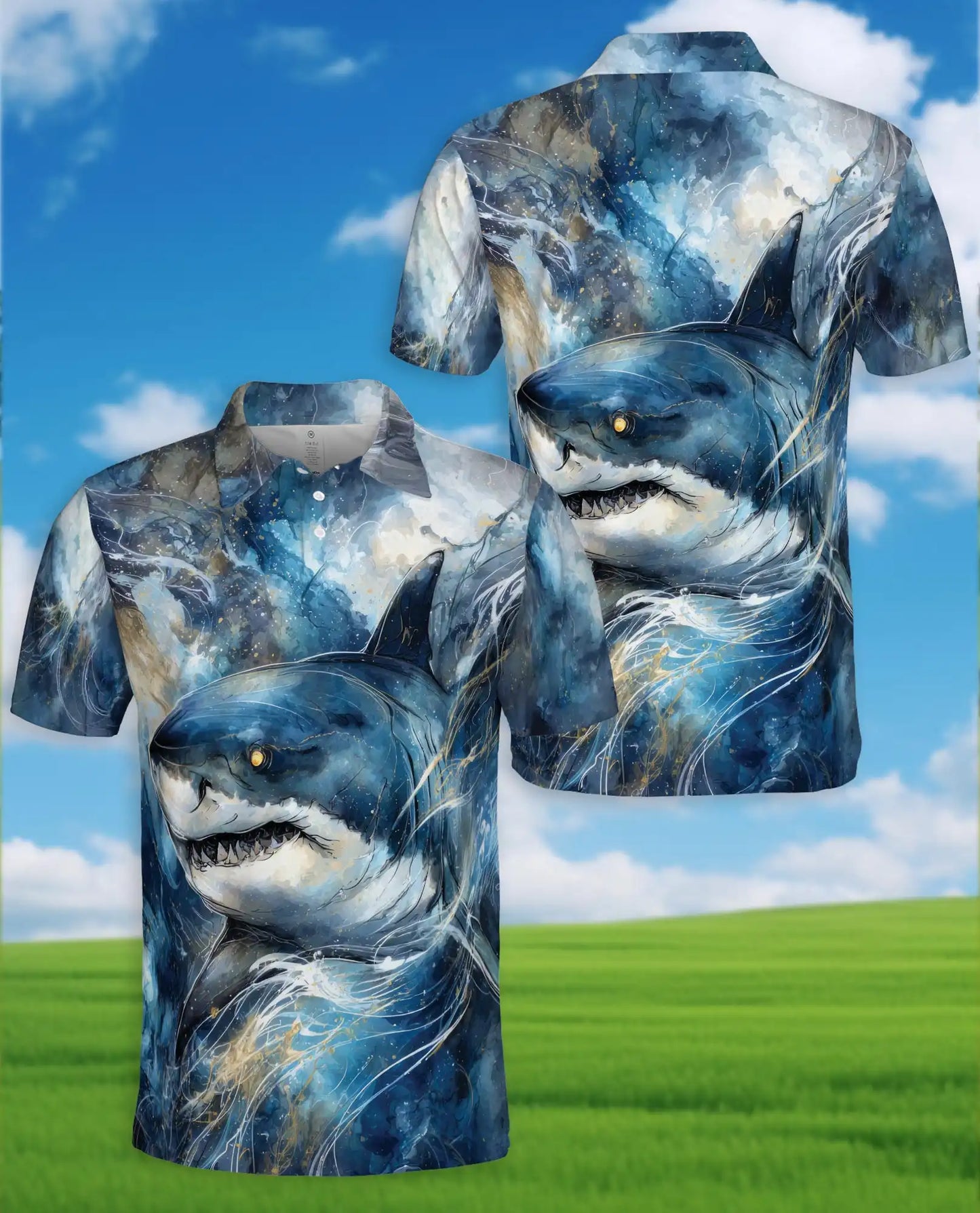 Shark Ocean Adventure Polo Shirt for Men, Dynamic Marine Design | Azhawaiian