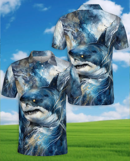 Shark Ocean Adventure Polo Shirt for Men, Dynamic Marine Design | Azhawaiian