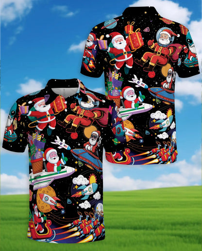 Space Santa Galaxy 3D Polo Shirt for Men, Funny Christmas Astronaut Style | Azhawaiian