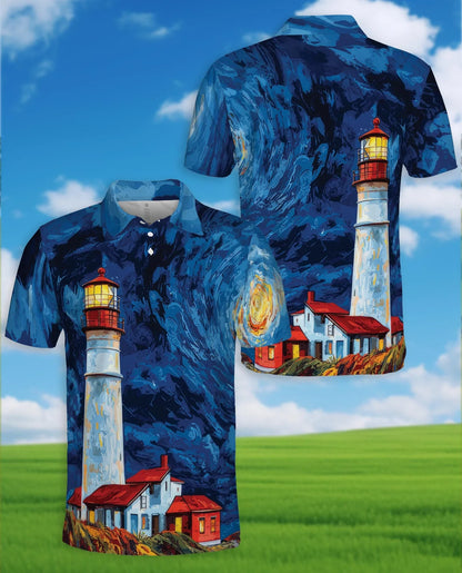 Lighthouse Starry Night Polo Shirt for Men, Coastal Art Style | Azhawaiian
