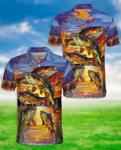 Bass Fishing Polo Shirt, Sunset Lake Print | Azhawaiian