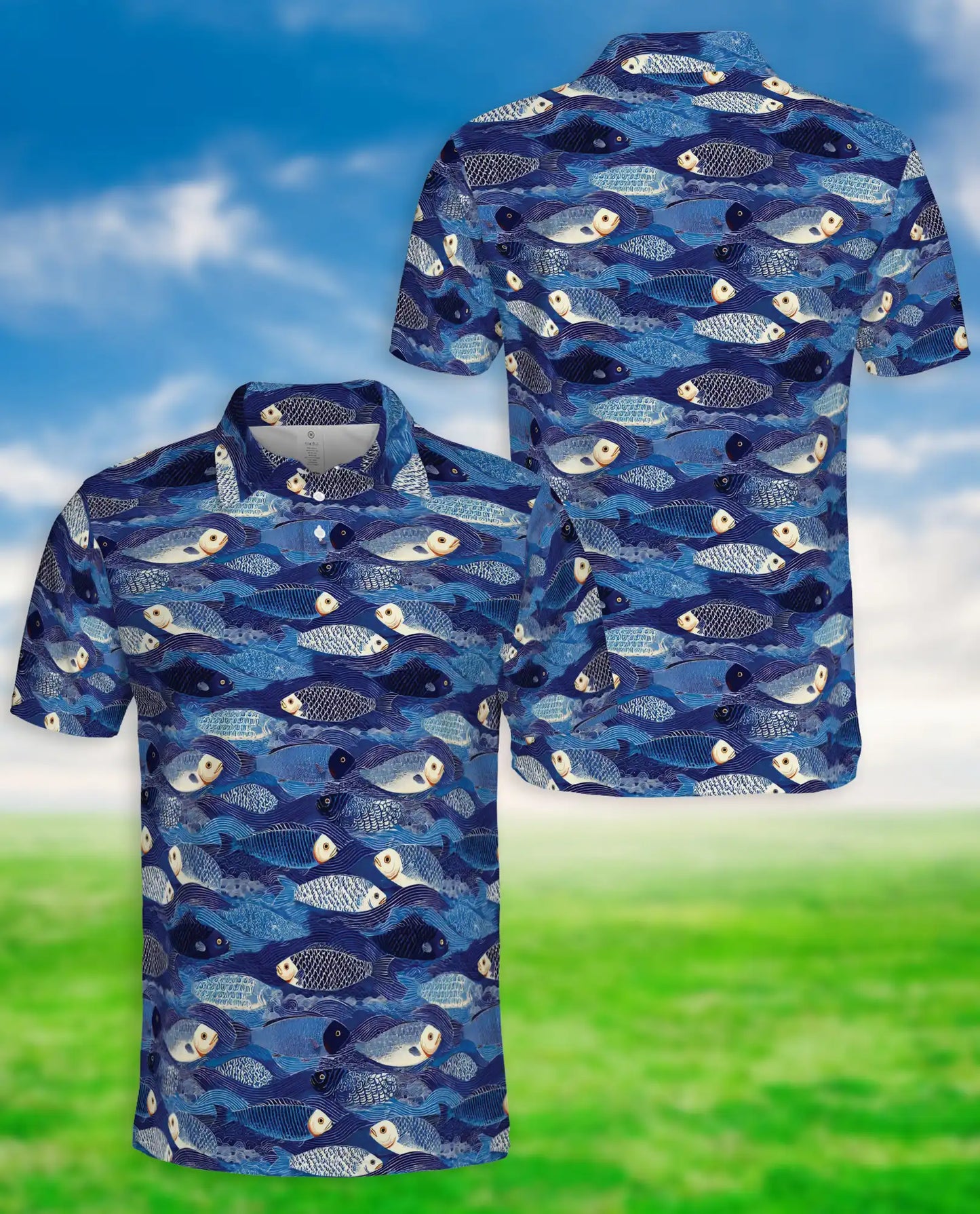 Blue Coastal Fish Polo Shirt for Men- Ocean Fish Pattern | Azhawaiian