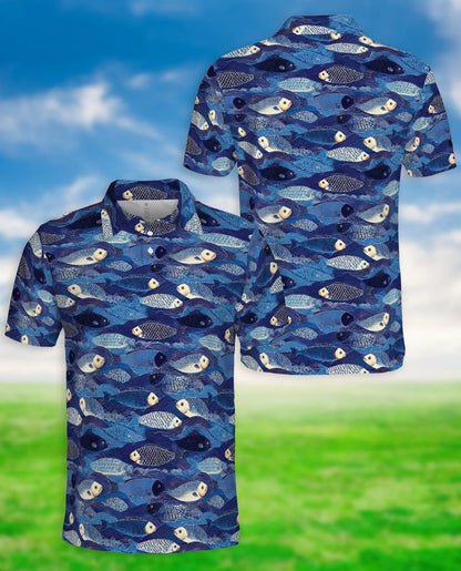 Blue Coastal Fish Polo Shirt for Men- Ocean Fish Pattern | Azhawaiian