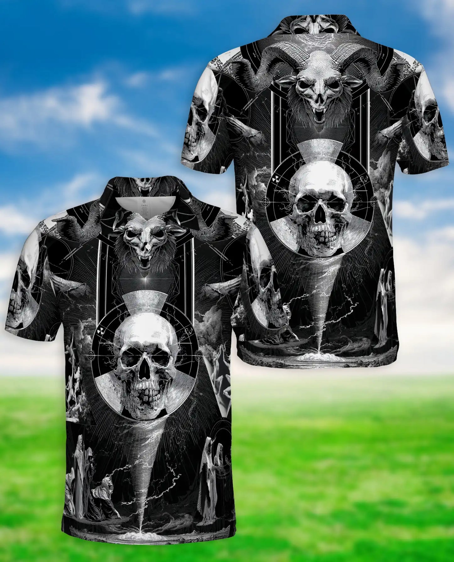 Dark Gothic Skull Polo Shirt for Men- Skull Horror Fantasy | Azhawaiian