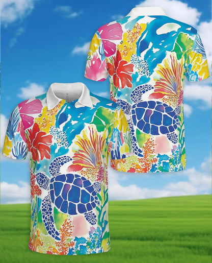Colorful Sea Turtle Polo Shirt for Men, Vibrant Ocean Design | Azhawaiian