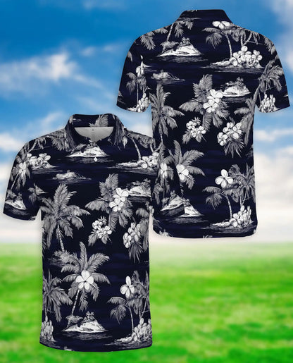 Tropical Island Polo Shirt, Monochrome Palm Print | Azhawaiian