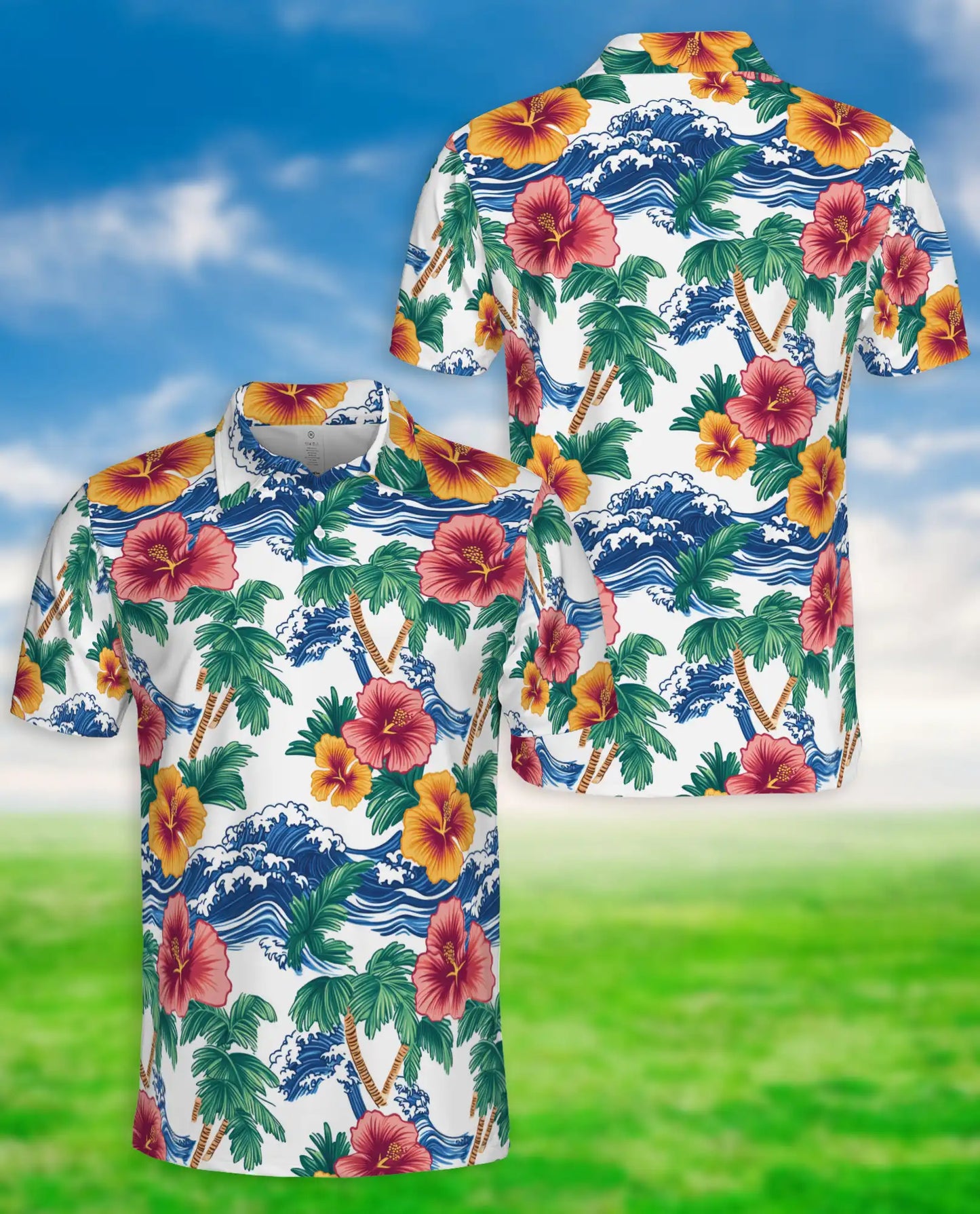 Hawaiian Polo Shirt, Palm Tree Wave Hibiscus Print | Azhawaiian
