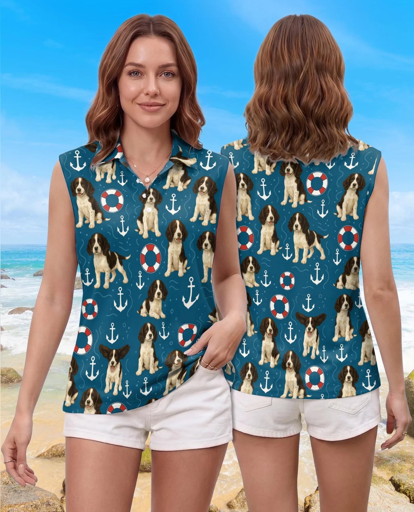 English Springer Spaniel Sleeveless Polo Shirt for Women, Cute Dog Lover Style | Azhawaiian