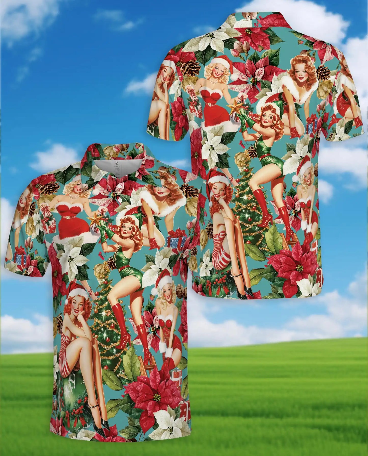 Vintage Christmas Pin Up Girl 3D Polo Shirt for Men, Retro Holiday Style | Azhawaiian