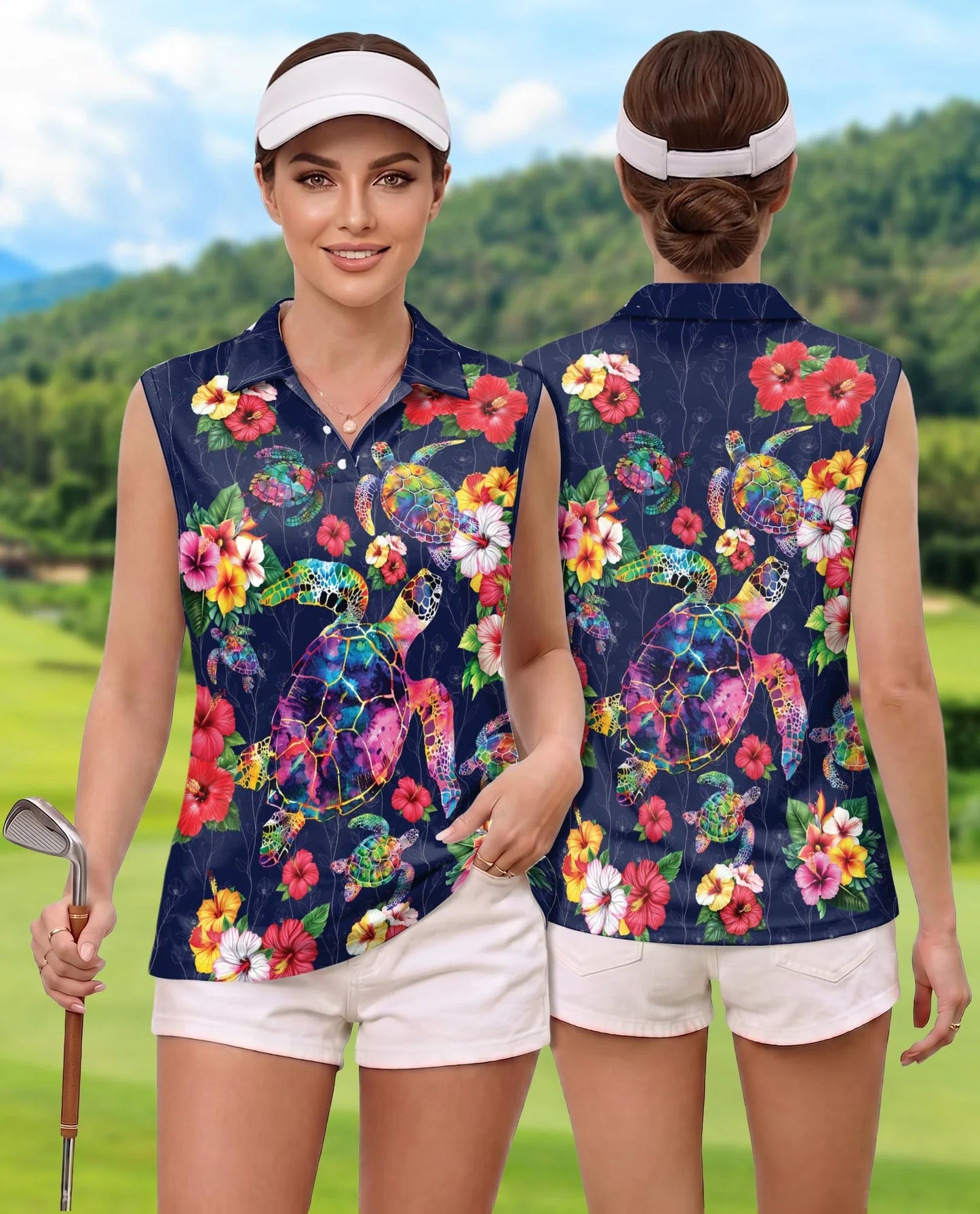 Turtle In Tropical Sleeveless Polo Shirt for Women, Ocean Island Style | Azhawaiian